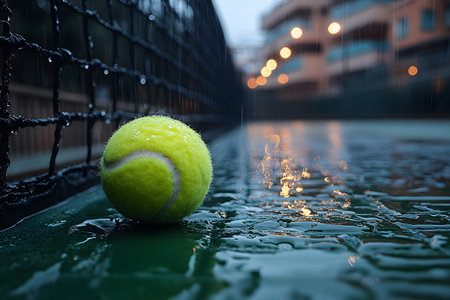 A close-up of a tennis ball glistening with water droplets on a rain-soaked court. the blurred evening lights in the background create a bokeh effect, enhancing the moody and tranquil atmosphere. Generative AIの素材