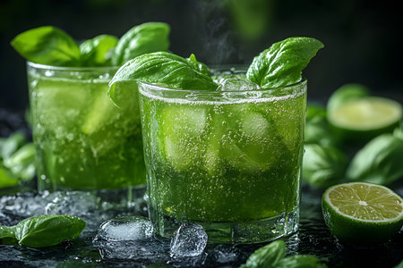 Vibrant green cocktails garnished with fresh basil and lime slices, served in clear glass tumblers with ice cubes. the background subtly features lush green foliage, enhancing the refreshing and summery atmosphere. Generative AIの素材