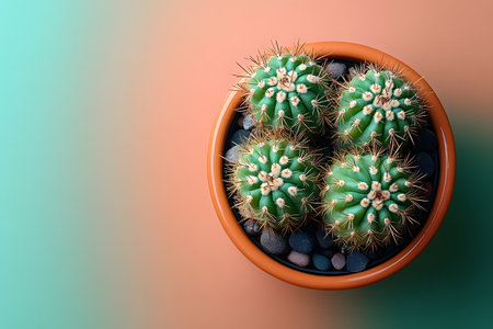Four spherical cacti placed in a round terracotta pot filled with smooth gray stones. the vibrant gradient background transitions from teal to peach, enhancing the vivid green and geometric patterns of the cacti. Generative AIの素材