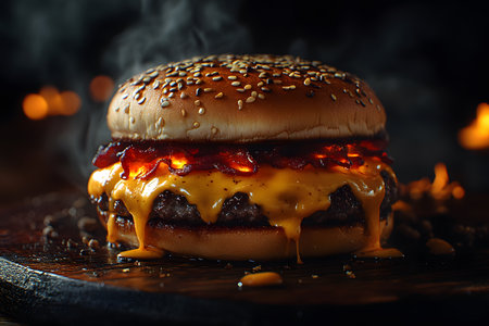 A close-up of a gourmet cheeseburger featuring a juicy beef patty topped with crispy bacon and melted cheese, sandwiched in a sesame seed bun. the burger rests on a rustic wooden board with a moody, dark background adding depth and contrast, emphasizing the indulgent and rich flavors. Generative AIの素材