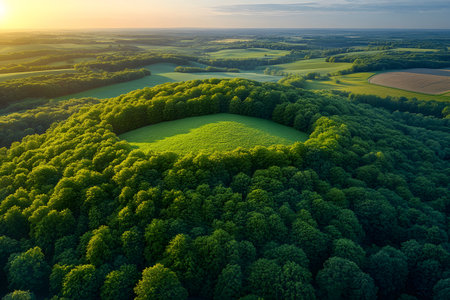 A stunning aerial perspective of a dense green forest encircling an open meadow, set against rolling hills bathed in warm sunset hues. the landscape showcases nature's beauty, perfect for promoting eco-friendly retreats and travel. Generative AIの素材