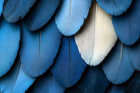 Close-up view of an abstract pattern featuring a collection of overlapping blue feathers with a single pale yellow feather. the intricate textures and harmonious color palette evoke themes of nature and elegance. Generative AIの素材