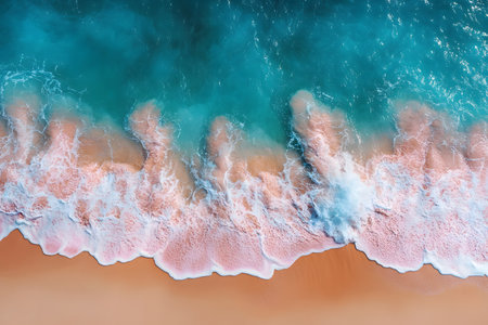 A stunning aerial photograph of a turquoise ocean meeting a sandy beach with vibrant, foamy waves. the dynamic movement and vivid colors evoke a sense of tranquility and the allure of seaside travel, perfect for summer-themed designs. Generative AIの素材