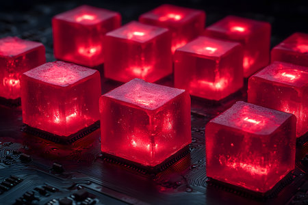 Futuristic glowing red cubes resting on a circuit board suggest cutting-edge technology and innovation. the vibrant reds highlight advanced tech concepts, perfect for posters, presentations, or science fiction themes. Generative AIの素材