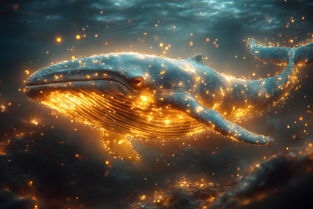 An enchanting underwater scene featuring a whale illuminated by a magical bioluminescent glow. the mesmerizing light highlights the whale's graceful form as it swims, surrounded by shimmering particles in the deep ocean. Generative AIの素材