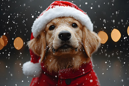 Golden retriever puppy wearing a red santa hat and coat amid falling snowflakes, set against a backdrop of blurred warm holiday lights. perfect for christmas cards, festive promotions, or holiday-themed designs. Generative AIの素材