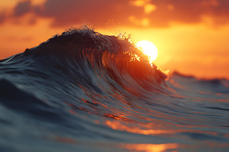 Vivid depiction of a powerful ocean wave highlighted by a striking sunset, emphasizing the beauty and drama of nature. ideal for themes of travel, serenity, and the raw power of the sea. Generative AIの素材