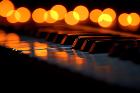 Piano keys in soft focus are illuminated by warm bokeh lights, creating an ambient and artistic atmosphere perfect for themes of music, relaxation, and creativity. ideal for design work in music-related projects. Generative AIの素材