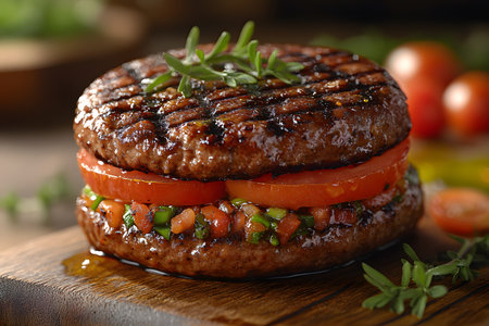 Juicy, grilled burger patties stacked with fresh tomato slices and a savory herb garnish. highlighting vibrant colors and textures, ideal for culinary presentations, restaurant menus, or food photography projects. Generative AIの素材