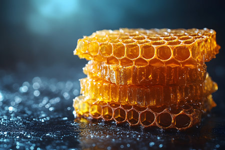 Vibrant, golden honeycombs stacked against a dark, blurred backdrop, their intricate texture and natural allure. ideal for illustrating themes of organic food, nature's sweetness, and fresh, nutritious ingredients. Generative AIの素材
