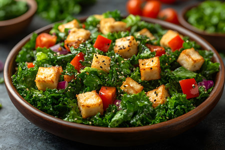 A wholesome kale salad featuring crispy tofu cubes, fresh cherry tomatoes, and a sprinkle of sesame seeds. the vibrant mix of green and red hues creates a visually appealing dish, ideal for a nutritious meal. Generative AIの素材