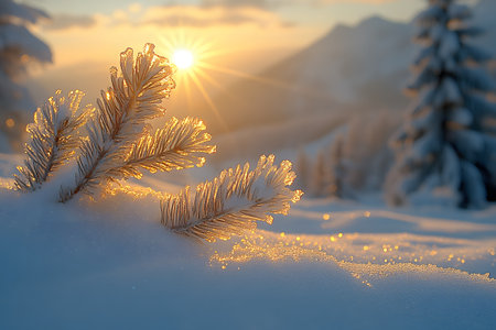 Frost-covered pine branches glisten in the foreground as a golden sunrise bathes a snow-covered mountain landscape. the tranquil scene serene beauty and quietude of a winter morning in nature. Generative AIの素材