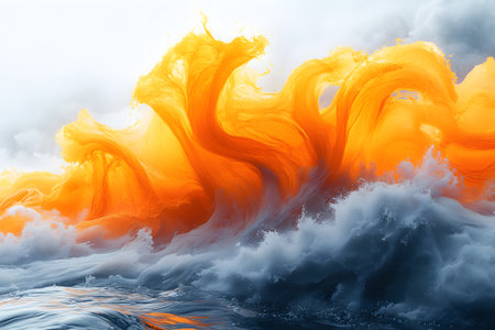 Abstract depiction of ocean waves showcasing a vibrant contrast of fiery orange and deep blue hues. the swirling motion creates a sense of energy and movement, ideal for artistic expressions, digital art, and contemporary design projects. Generative AIの素材