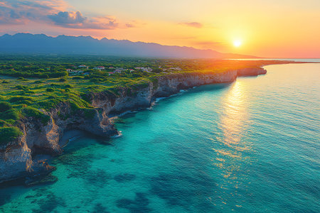 Majestic coastline at sunset, showcasing crystal-clear turquoise waters and dramatic cliffs under a vibrant sky. a serene landscape perfect for travel and nature-themed designs, capturing the essence of tranquility and natural beauty. Generative AIの素材