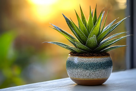 A vibrant succulent sits in a textured ceramic pot, bathed in warm, golden sunlight. the background features a soft bokeh effect, the plant's lush green leaves and creating a serene indoor gardening atmosphere. Generative AIの素材