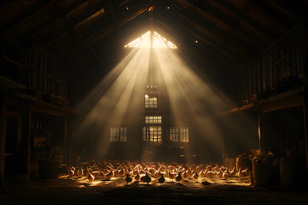Warm morning sunlight streams through a barn's roof, illuminating a peaceful gathering of ducks inside. the rustic setting features weathered wood and soft shadows, creating a tranquil, pastoral atmosphere. Generative AIの素材