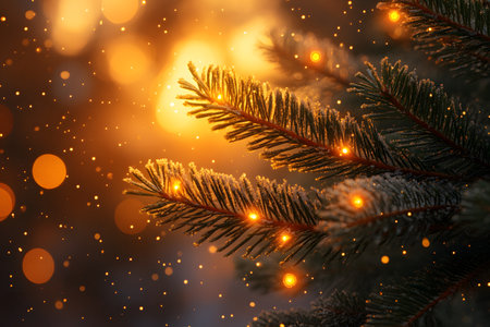 A close-up of frosted pine branches adorned with glowing lights evokes the warmth and magic of the christmas season. the golden bokeh background enhances the festive atmosphere, perfect for holiday-themed designs or greeting cards. Generative AIの素材