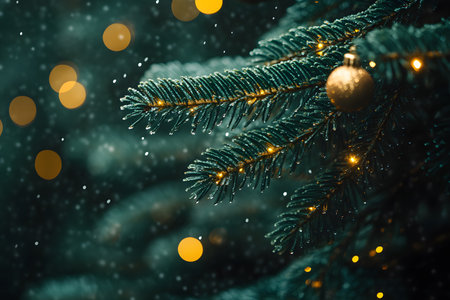 Sparkling lights adorn lush green pine branches, creating a festive atmosphere. gold ornaments hang delicately among the needles as soft bokeh lights dance in the background, evoking a sense of holiday warmth and cheer. Generative AIの素材
