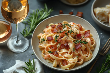 A beautifully plated gourmet pasta dish featuring creamy fettuccine, crispy bacon bits, and fresh rosemary sprigs. set against a rustic table, the scene includes a glass of white wine, enhancing the elegant dining atmosphere. Generative AIの素材