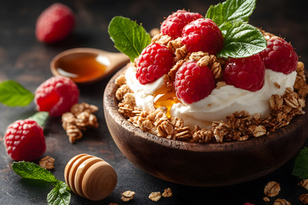 A wooden bowl filled with creamy yogurt, topped with fresh raspberries and crunchy granola. mint leaves add a touch of freshness, and a honey dipper and spoon hint at added sweetness. perfect for a nutritious breakfast. Generative AIの素材