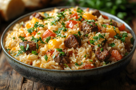 A hearty bowl of beef and rice pilaf featuring succulent beef cubes, vibrant bell peppers, and tomatoes, garnished with fresh herbs. the rustic wooden background adds to the dish's comforting and homely appeal. Generative AIの素材