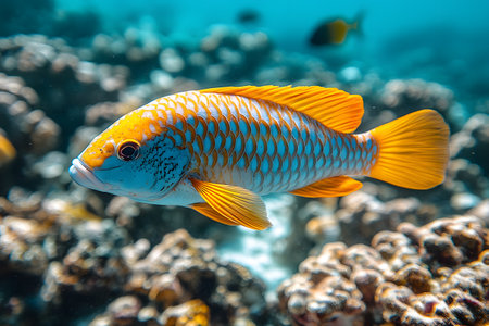 A colorful parrotfish gracefully swims amidst a vibrant coral reef, showcasing its striking orange and blue hues. sunlight filters through clear turquoise waters, illuminating the intricate patterns on the fish's scales. Generative AIの素材