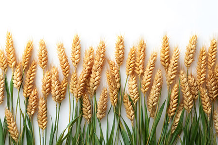 Wheat stalks with golden grains arranged against a clean white background, showcasing nature's harvest. ideal for agricultural themes, natural decor, food industry presentations, and design elements. Generative AIの素材
