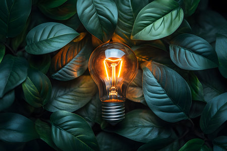 A glowing incandescent light bulb nestled among vibrant green leaves symbolizes sustainable energy and environmental consciousness. the juxtaposition of natural elements with technology highlights innovation in eco-friendly solutions. Generative AIの素材