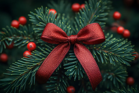Evergreen branches adorned with a vibrant red bow and red berries evoke the spirit of christmas. ideal for holiday-themed projects, showcasing traditional festive elements and seasonal decor. Generative AIの素材