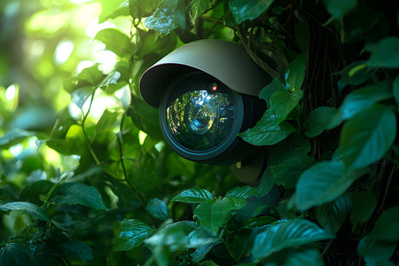 Surveillance camera seamlessly integrated into dense green foliage, the blend of technology and nature. this image explores the theme of environmental monitoring and discreet security solutions in natural settings. Generative AIの素材