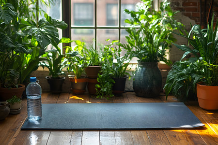 A tranquil yoga mat rests amid lush potted plants in a sunlit room, creating a serene space for relaxation and mindfulness. the natural light enhances the calming ambiance, perfect for meditation or home workouts. Generative AIの素材