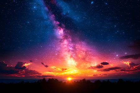 Spectacular view of the milky way galaxy stretching across the night sky, blending seamlessly with a vibrant sunset over a silhouetted horizon. perfect for use in posters, prints, and digital art exploring cosmic beauty and celestial phenomena. Generative AIの素材