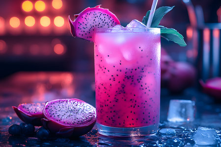 A refreshing dragon fruit cocktail is presented in a stylish glass, filled with ice cubes and garnished with a fresh dragon fruit slice and mint leaves, set against a vibrant nightlife backdrop. Generative AIの素材