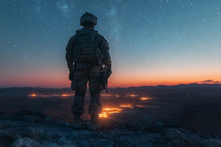 A soldier in tactical gear stands on a rocky terrain overlooking a city illuminated by lights at dusk. the sky is filled with stars, adding a serene yet powerful backdrop to the scene, symbolizing protection and vigilance. Generative AIの素材