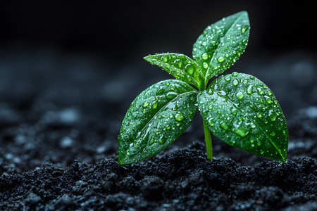 Vibrant green seedling emerging from rich, dark soil, showcasing fresh dew on its leaves. symbolizes growth, renewal, and the beauty of nature. perfect for themes of environmental sustainability and new beginnings. Generative AIの素材