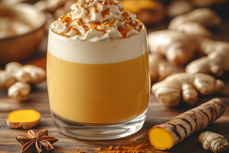 A steaming turmeric ginger latte topped with whipped cream and a sprinkle of cinnamon sits amidst a rustic arrangement of fresh ginger roots, turmeric, and star anise. the warm hues and cozy ingredients evoke seasonal comfort and spice. Generative AIの素材