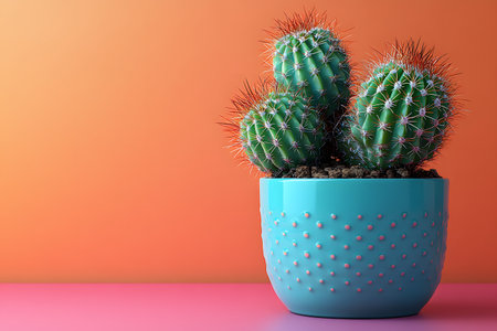 A cluster of cacti sits in a textured, turquoise pot, set against a warm gradient orange backdrop. the vivid colors and stylish design create a contemporary and minimalist aesthetic, ideal for home decor inspiration or modern art prints. Generative AIの素材