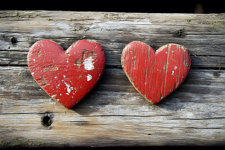Two rustic red hearts placed on a weathered wooden surface, symbolizing love and affection. the distressed texture of the hearts adds a vintage feel, making this image ideal for romantic themes and rustic design elements. Generative AIの素材