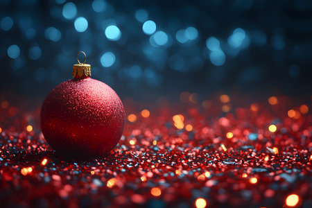 Vibrant red christmas ornament resting on a sparkling, glitter-covered surface. the background features bokeh lights, creating a festive, warm atmosphere ideal for holiday-themed designs and cards. Generative AIの素材