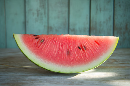 A juicy watermelon slice rests on a rustic wooden surface with a weathered teal backdrop. the vibrant red pulp and contrasting green rind highlight the freshness of summer, perfect for seasonal food and design projects. Generative AIの素材