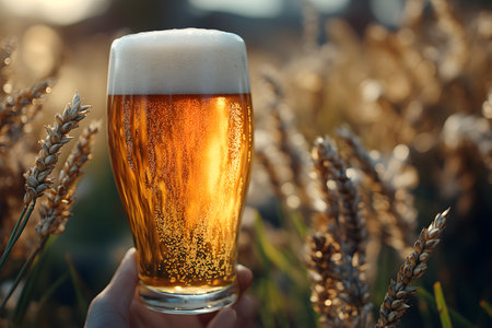 Crisp, golden beer in a glass with a rich foamy head is showcased against a backdrop of sunlit wheat fields. the scene evokes freshness and natural ingredients, perfect for themes of agriculture, brewing, and summertime enjoyment. Generative AIの素材
