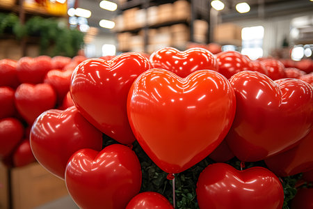 Vibrant red heart-shaped balloons are brightly arranged in a retail store, creating a festive and romantic atmosphere. ideal for valentine's day promotions, the scene highlights love-themed decoration and celebration. Generative AIの素材