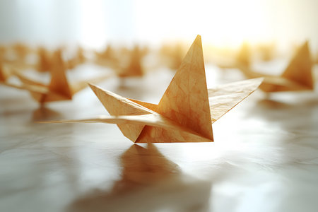 Origami cranes scattered across a reflective surface, illuminated by warm golden light. the scene evokes a sense of peace, tranquility, and artistic craftsmanship, suitable for themes of meditation, harmony, and cultural art. Generative AIの素材