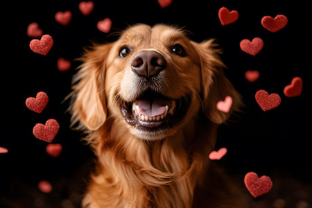 Golden retriever joyfully surrounded by floating red hearts on a black background, symbolizing love and companionship. the playful scene is perfect for valentine's day themes, pet care, and animal affection concepts. Generative AIの素材