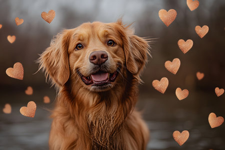 Delightful image of a golden retriever surrounded by floating heart graphics, capturing themes of love and companionship. perfect for pet-themed designs, greeting cards, or as a symbol of joy and affection. Generative AIの素材