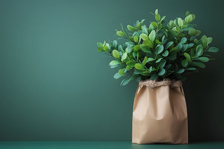 Lush green leaves in a brown paper bag create a harmonious composition against a muted green backdrop. ideal for design projects focusing on nature, eco-friendly themes, or modern decor aesthetics. Generative AIの素材