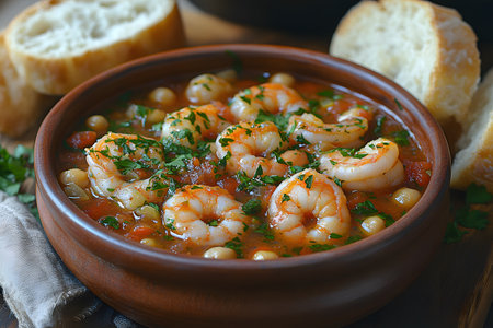 A rustic clay dish brimming with shrimp and chickpea stew, garnished with fresh herbs. surrounded by slices of crusty bread, this hearty meal combines seafood with savory broth, ideal for cozy dinners. Generative AIの素材