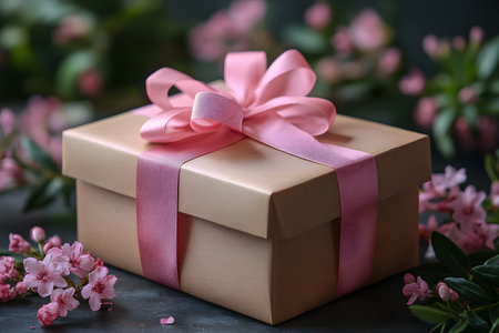A beautifully wrapped gift box adorned with an elegant pink ribbon surrounded by delicate pink flowers. the sophisticated presentation creates a charming scene, perfect for celebrations or gift-giving moments. Generative AIの素材