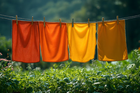 Colorful cloths on a clothesline against a lush garden backdrop, capturing the essence of freshness, sustainability, and sunlit outdoor living. ideal for themes on eco-friendly living, nature, and everyday simplicity. Generative AIの素材