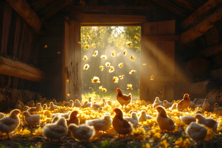 A rustic chicken coop bathed in the warm glow of sunrise, featuring chickens basking in sunlight and surrounded by autumn leaves. the scene exudes a serene, pastoral atmosphere, the tranquility of rural life. Generative AIの素材